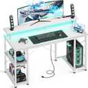 ODK 48 inch Gaming Desk with LED Lights & Power Outlets, Computer Desk with Monitor Stand & Storage Shelves, CPU Stand, Home Office Desk, White