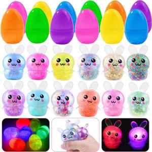 DIYDEC 12pcs Prefilled Easter Eggs Light Up Squishy Toys for Kids Stress Relief Toys for Easter Party Favors Classroom Prizes Squeeze Bunny Toys for Egg Hunt Basket Stuffers