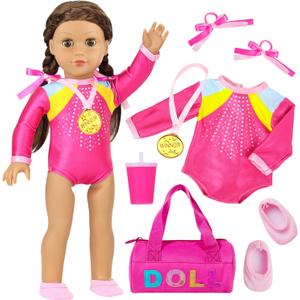 K.T. Fancy 18 Inch Doll Gymnastics Clothes Set - Pink Leotard, Shoes, Gym Bag, Olympic Medal, Water Bottle & Hair Accessories for PlayDoll Not Included