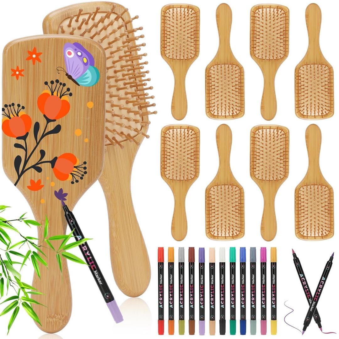 SAYAYA 8 PCS Bamboo Hair Brush for Hair Growth Natural Bamboo Paddle Hairbrush with 12 Multicolor Pens Massaging Scalp Brush for Women Men Kids Detangling Curly Thick Wavy Hair DIY Gift for Crafts
