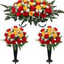 Wocst Headstone Flower Saddle,Large Artificial Cemetery Flowers for Grave 2Pack Artificial Silk Roses Daisy Bouquets with Cemetery Vases for Outdoor Grave Decorations (Red Yellow)