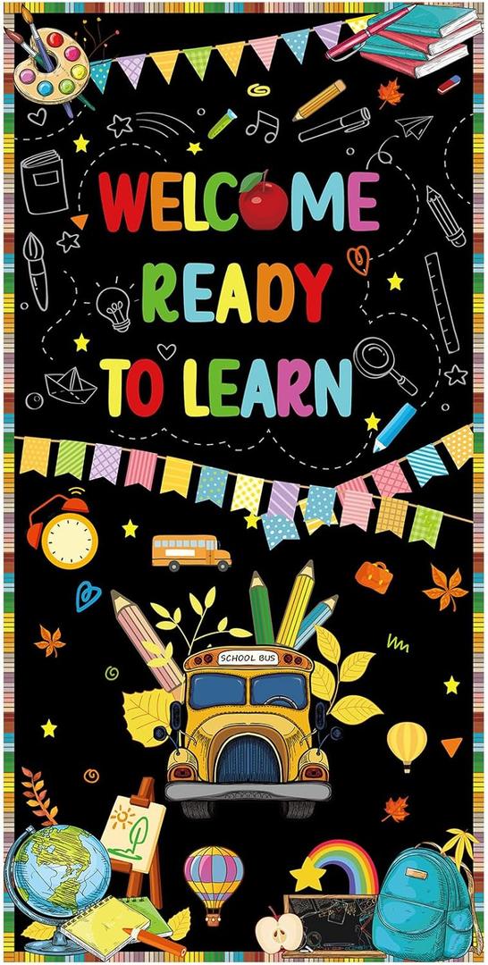School Banner Decoration, Polyester Vibrant Color Welcome First Day of School Backdrop with Ribbon Funny Supplies Suitable for Classroom Party Home Decor