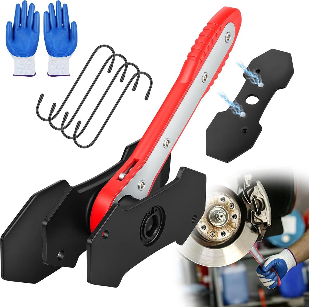 Brake Caliper Compression Tool, 360° Ratcheting Brake Pad Spreader | with 2 Strong Magnetic Plates & 4 caliper hangers, Fit for Front disc brake caliper of Cars, Trucks, and SUVs