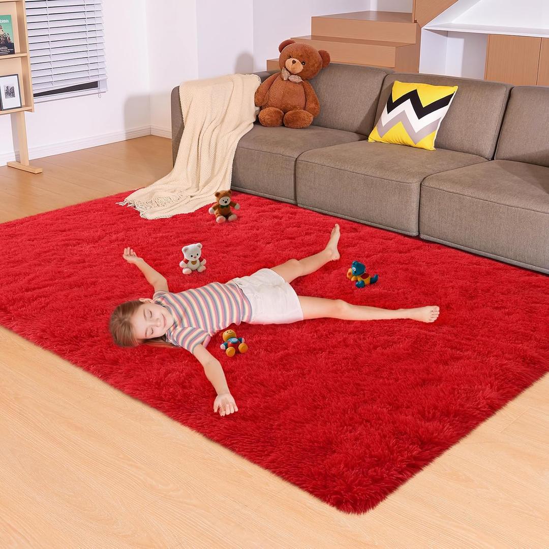 5x7 Red Rug for Living Room Bedroom, Fluffy Large Area Rug Soft Shag Non-Slip Carpet for Kids Boys and Girls Room Dorm Home Decor (5ft x7ft)