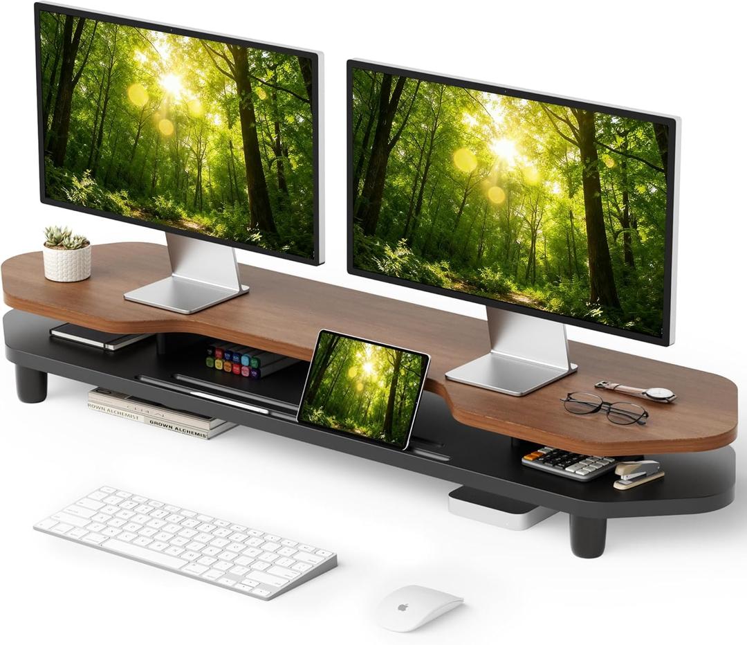 Dual Monitor Stand Riser, 39.4 Inch Large Monitor Stand with Storage Shelf, 2-Tier Desk Organizer for PC, Laptop, Printer | 2 Slots for Phone/Tablet, Computer Monitor Riser, Wood Desk Shelf for TV