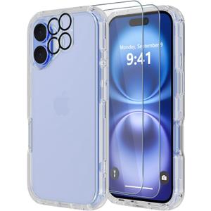 Diverbox for iPhone 16 Case [Shockproof] [Dropproof] [Tempered Glass Screen Protector + Camera Protectors] Heavy Duty Protection Phone Case Cover for Apple iPhone 16 (Matte Clear)
