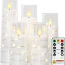 Raycare Flameless Candle with Remote Timer  5 Flickering Acrylic Battery Operated LED Pillar Candles with Embedded Star String for Christmas, Home Decor, and as a Gift(White)