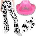 Haysandy 3 Pcs Cowgirl Costume Set Include Cow Print Pants Cowgirl Pink Hat, Bandanna for Halloween Party S