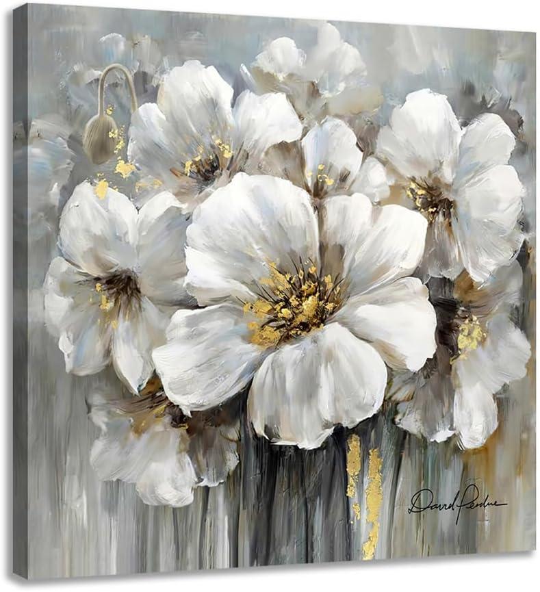 Woxfcart Living Room Flower Canvas Wall Art, White Floral Picture with Gold Decoration for Gray Bedroom Home Office Decor 24 x 24 Inch