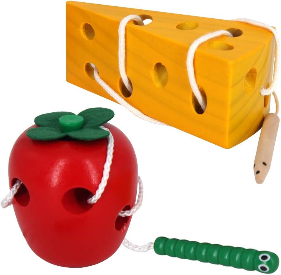 Early Development Wooden Lacing Toys, Montessori Activity Caterpillars Eat Apple and Kids Cheese Toys, Children Learning Educational Wood Block Puzzles for Toddlers Boys Girls (Multi Colors)