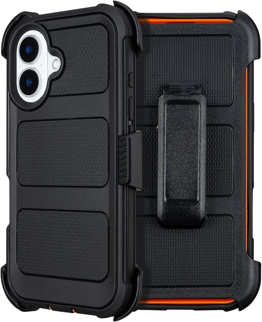 for Defender Phone Case iPhone 16 Case with Belt Clip, for Shockproof iPhone 16 Case Rugged, 2 Layers of Sturdy for iPhone16 Cases Heavy Duty, Military-Grade Cover for iPhone 16Case Black & Orange