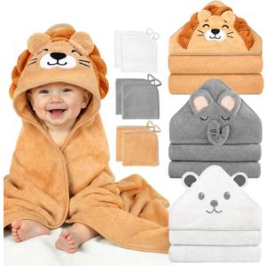 9 PCS Baby Bath Towels for Infants Toddlers, 3 PCS Animal Hooded Baby Towels & 6 PCS Washcloths Set, Ultra Absorbent Soft Cute Newborn Bath Essentials Gifts for Boys & Girls