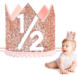 1/2 Birthday Girl Crown - Pink & Rose Gold Adjustable Baby Girl Half Birthday Hat for 6-12 Months, Soft Photo Props for Half Year Celebration, Party Decorations