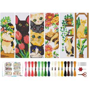 BEUNITONE 6 PCS Cute Cat Pre-Printed Cross Stitch Bookmarks, Cross Stitch Kits for Adults Beginners, DIY Stamped Hand Embroidery Kits, Exquisite Bookmark Kit for Women and Book Lovers 8.5''x3''
