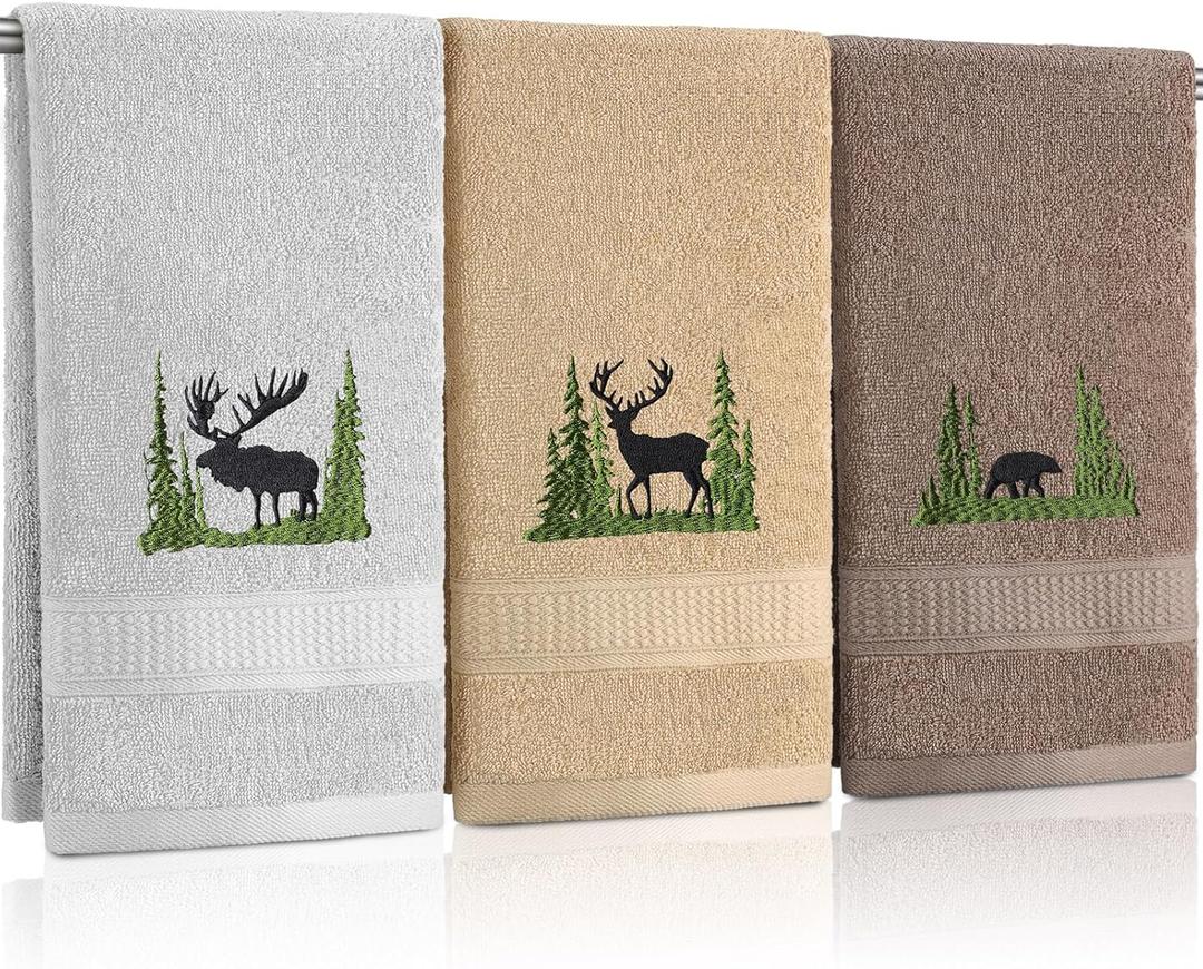 3 Pcs Famhouse Cabin Bear Hand Towels Forest Moose Deer Embroidered Decorative Bathroom Towels for Bathroom Kitchen Decor, 100% Cotton, 13.3 x 29.5'' (Elegant Color)
