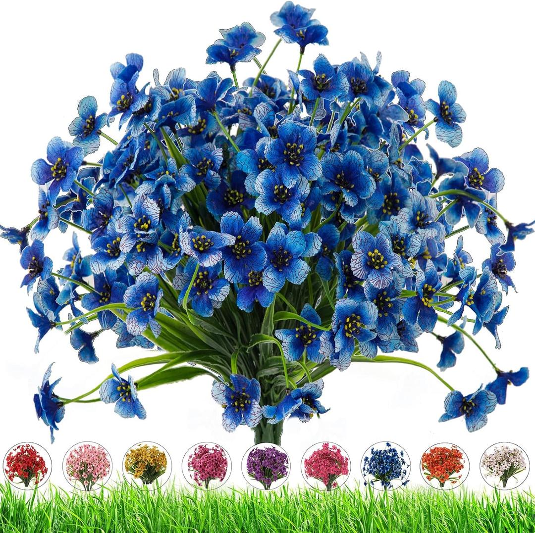 Artificial Outdoor Flowers,8 Bundles Fake Flowers UV Resistant Faux Outdoor Plastic Flower Plants for Outside Indoor Dcor(Blue)