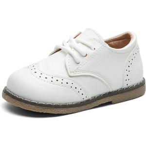 DADAWEN Toddler Boys Girls Dress Shoes Comfort Oxford Shoes Wedding Church Dress Shoes Lace Up School Uniform Loafer Flats White US Size 5 M Toddler