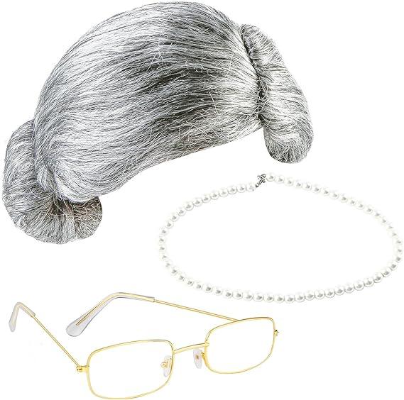 Cooraby 3 Pieces 100 Days of School Grey Old Lady Wig Grandma Wig Granny Glasses Artificial Pearl Necklace Halloween Fancy Cooraby 3 Pieces 100 Days of School Grey Old Lady Wig Grandma Wig Granny Glasses Artificial Pearl Necklace Halloween Fancy