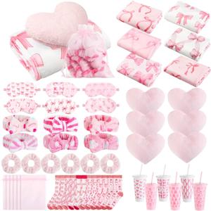 Fanfanwin 48 Pcs Sleepover Party Supplies Spa Birthday Slumber Pajamas Galentines Party Favors Coquette Throw Blanket Pillow Headband Scrunchies Eye Mask Cup Socks(Pink,Bow)