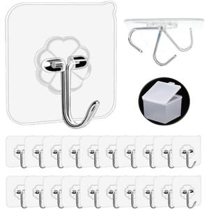Adhesive Hooks, 20 Packs, 33lbs/15kg Premium Heavy Duty Wall Ceiling Hooks for Hanging, Damage Free, Clear Sticky Hanger for Kitchen, Bathroom Shower Outdoor Use.