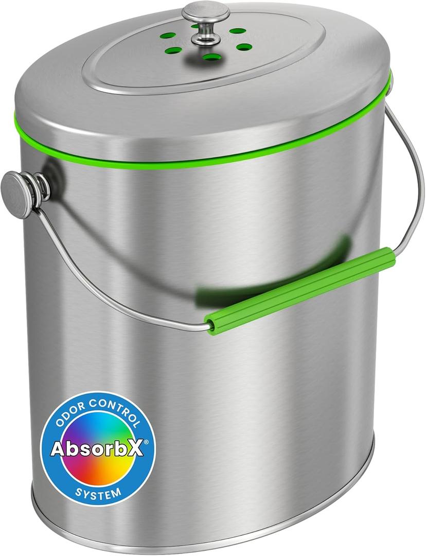 iTouchless Titanium 6 Liter / 1.6 Gallon Stainless Steel Compost Bin with AbsorbX Odor Filter System, Rust-Free Oval Shape Space Saving Kitchen Countertop Trash Can