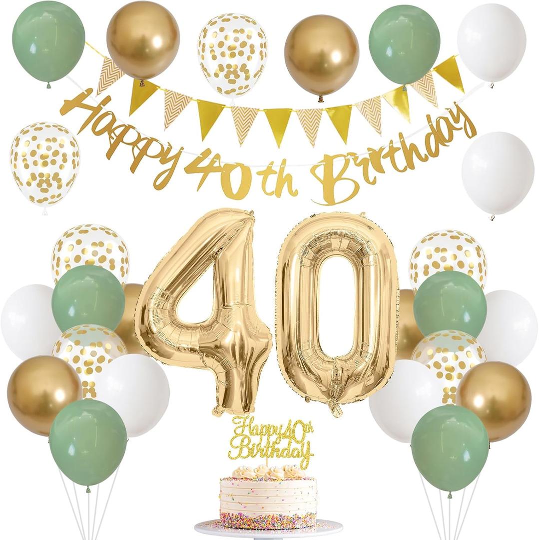 Sage Green White Gold 40th Birthday Balloons with Happy 40th Banner, Cake Topper, Foil Balloons for 40 Year Old Party Decoration