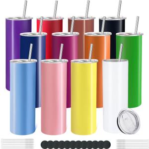 YOUKE OLA 11 Pack Stainless Steel Skinny Tumblers 20oz - Bulk Straight Double Wall Vacuum Insulated Tumbler with Lid and Straw & Silicone Base for Travel, DIY, 12 Colors