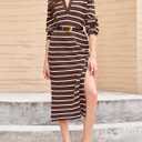 Saodimallsu Womens Striped Sweater Dress Fall Chunky Knit V Neck Collared Long Sleeve Sexy Slit Loose Midi Dresses (Brown)