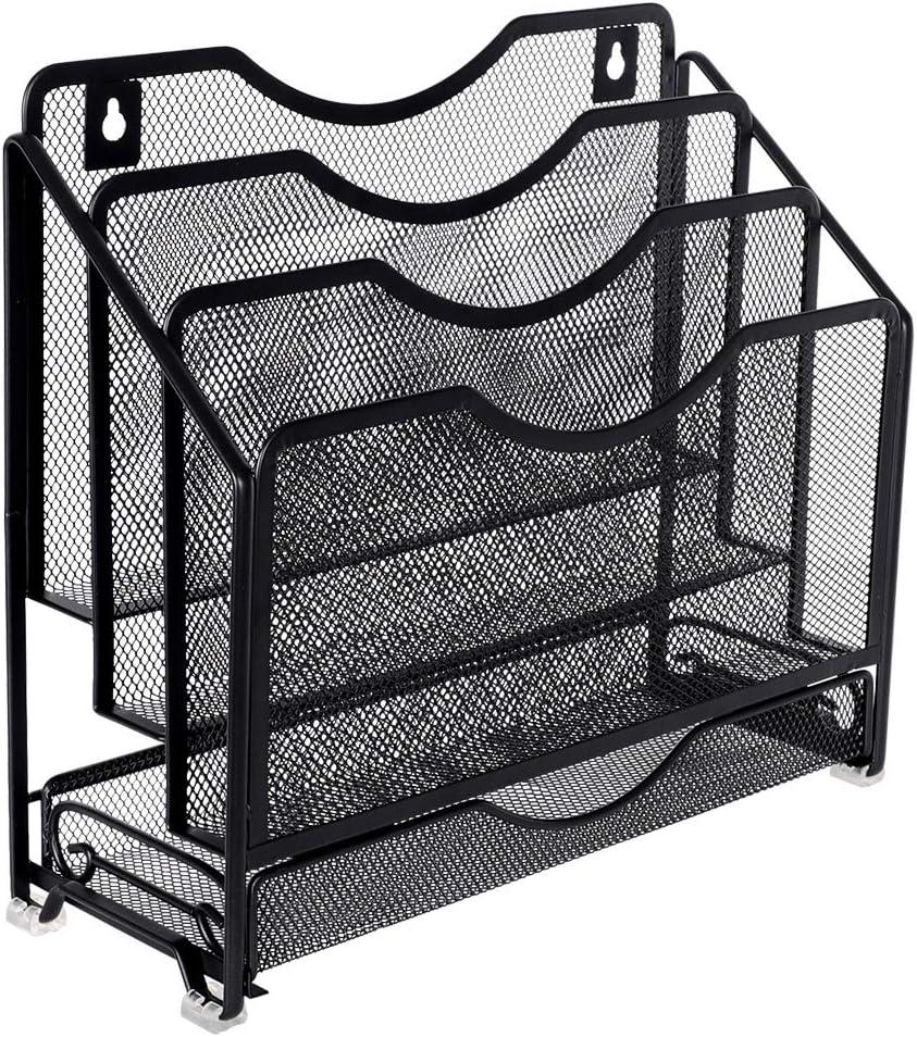 EasyPAG Mesh Desk Paper Organizer Wall Hanging File Holder with 3 Upright File Organizer and Sliding Drawer,Black