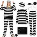 Eurzom 6 Pcs Prisoner Costume Women Striped Jail Adult Inmate Men Convict Costume for Halloween Party (Large)