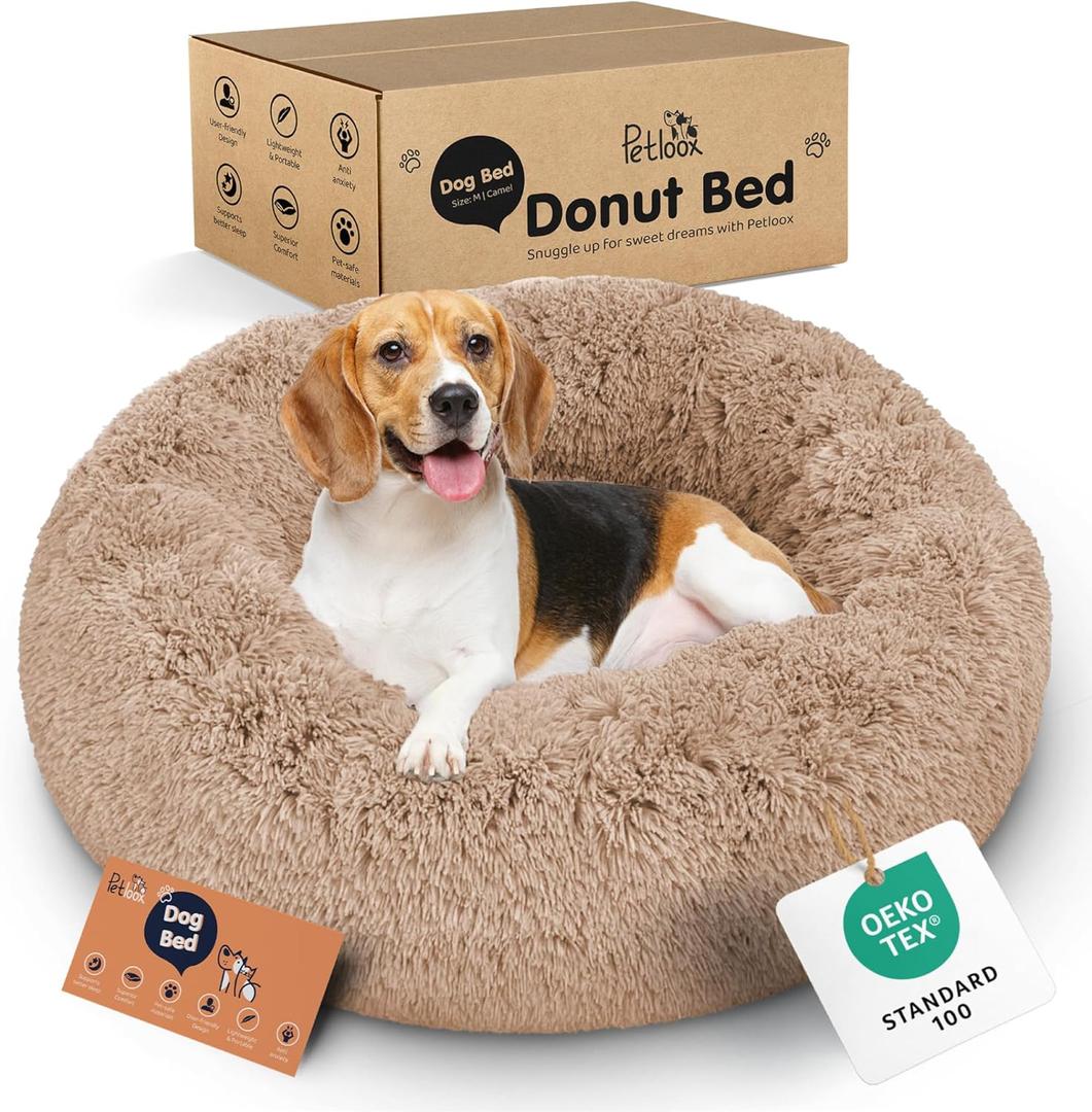 Donut Dog Bed - Premium Comfort for Anxiety Relief - Fluffy & Calming Design with Ultra-Plush Support | Cozy Round Dog Bed with Super Soft Circle Style (Size M Camel)