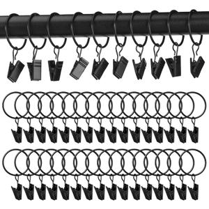 Geelin 200 Pack Metal Curtain Rings with Clips Curtain Clip Rings Hooks Black Hanger Clips for Hanging Drapery Shower Curtain Clips Decorative Curtain Rod Clips Hangers, 1.18 Inch Interior Diameter