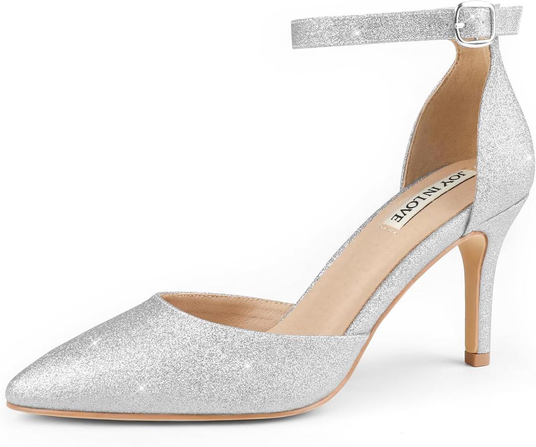 JOY IN LOVE Closed Toe Heels Pumps for Women 3IN Stiletto Pointed Toe Ankle Strap Heels, Size 9.5