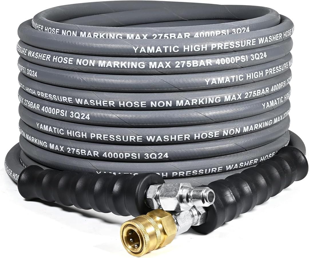 YAMATIC Pressure Washer Hose 50 FT, 5/16" Non-Marking Hot Water Use, 4000 PSI Steel Wire Braided Rubber Jacket  Replacement Power Washer Hose for Commercial Use