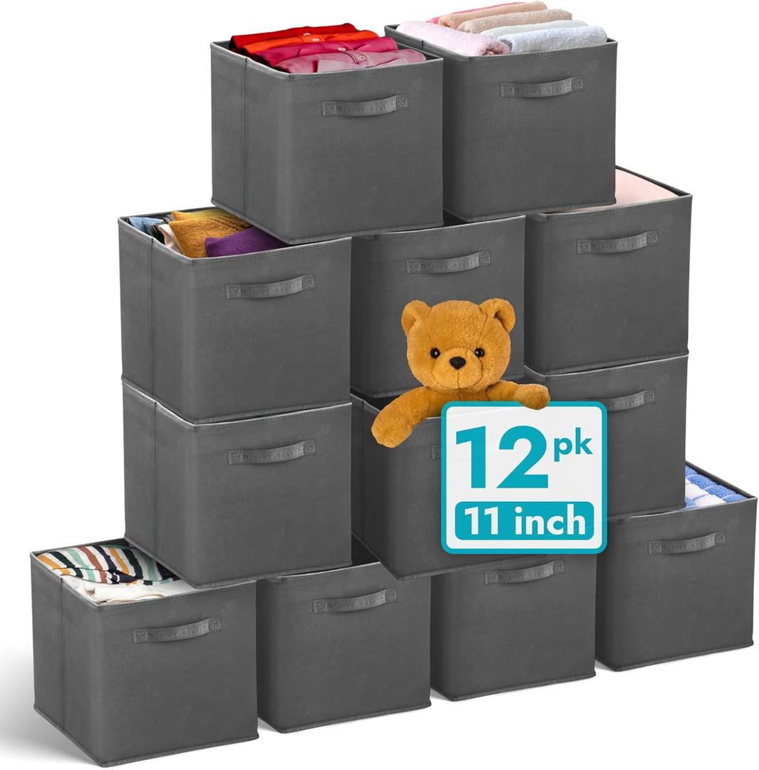 Reli. 11 Inch Cube Storage Bins (12 Pack) | Cube Organizer Bins | 11x11 Fabric Storage Boxes | Collapsible, Foldable Fabric Cubby Box (Square) | Kids Room Organization (Dark Gray)