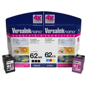 VersaInk-Nano HP 62 MS MICR Black Ink Cartridge for Check Printing & VersaInk-Nano 62 CS Tri-Color Ink Cartridge Pack