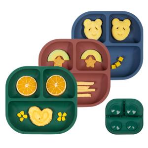 BABELIO Powerful Suction Plates for Baby and Toddler, 100% Food Grand Silicone, Divided, BPA Free, Microwave & Dishwasher Safe, Stay Put, 3 Pack (Blue/Matcha Green/Red)