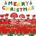 Christmas Party Supplies Tableware Set Xmas Party Decoration Christmas Tree Paper Plates Napkins Snowflakes Tablecloths Merry Christmas Banner Holiday Disposable Dinnerware Serves 24 Guests