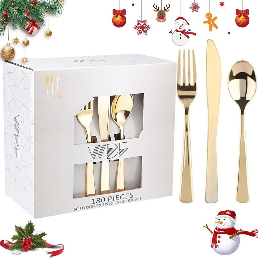 WDF 180 Pieces Disposable Plastic Gold Silverware Cutlery - Disposable Flatware Set 60 Forks, 60 Knives and 60 Spoons - Heavy Duty Gold Plastic Cutlery - Utensils for Wedding, Thanksgiving, Christmas