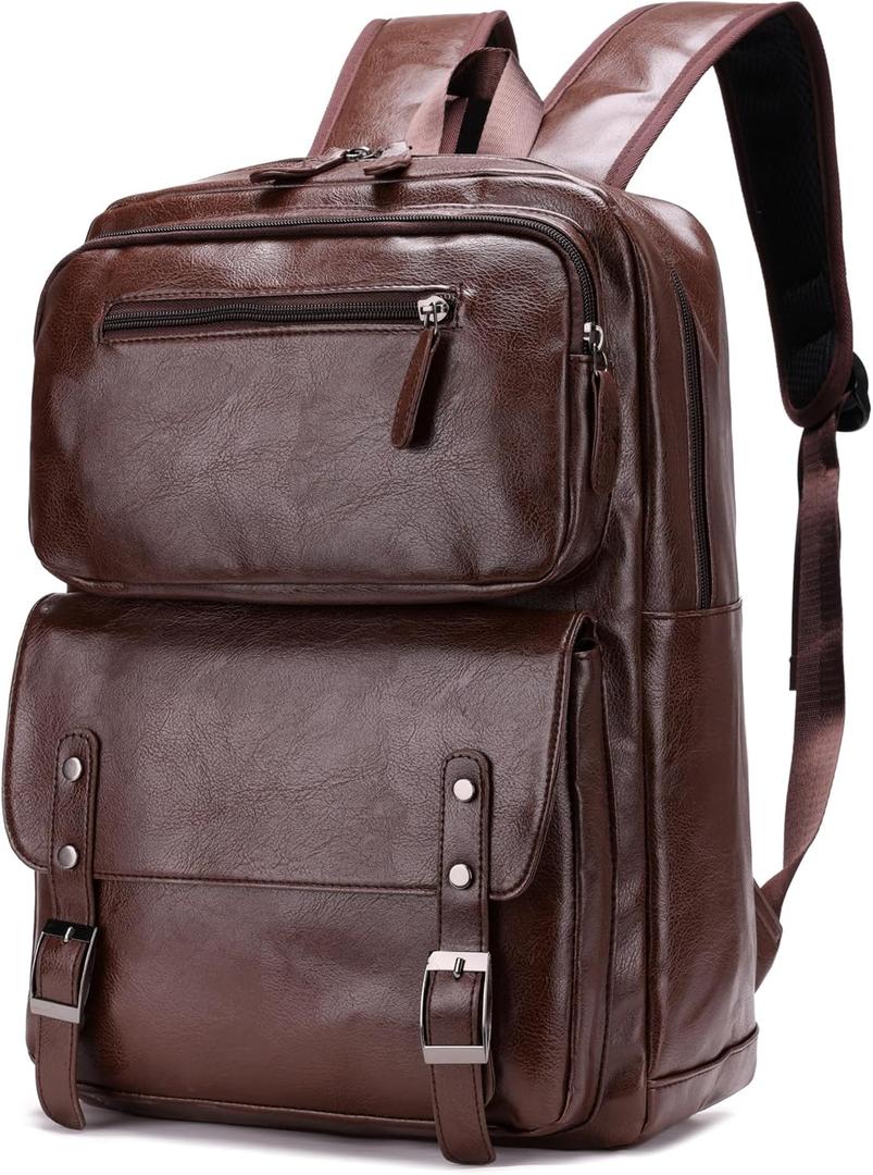 PU Casual Backpack Men's casual backpack Leather laptop backpack Daily commuter leather backpack College backpack (Brown), Large