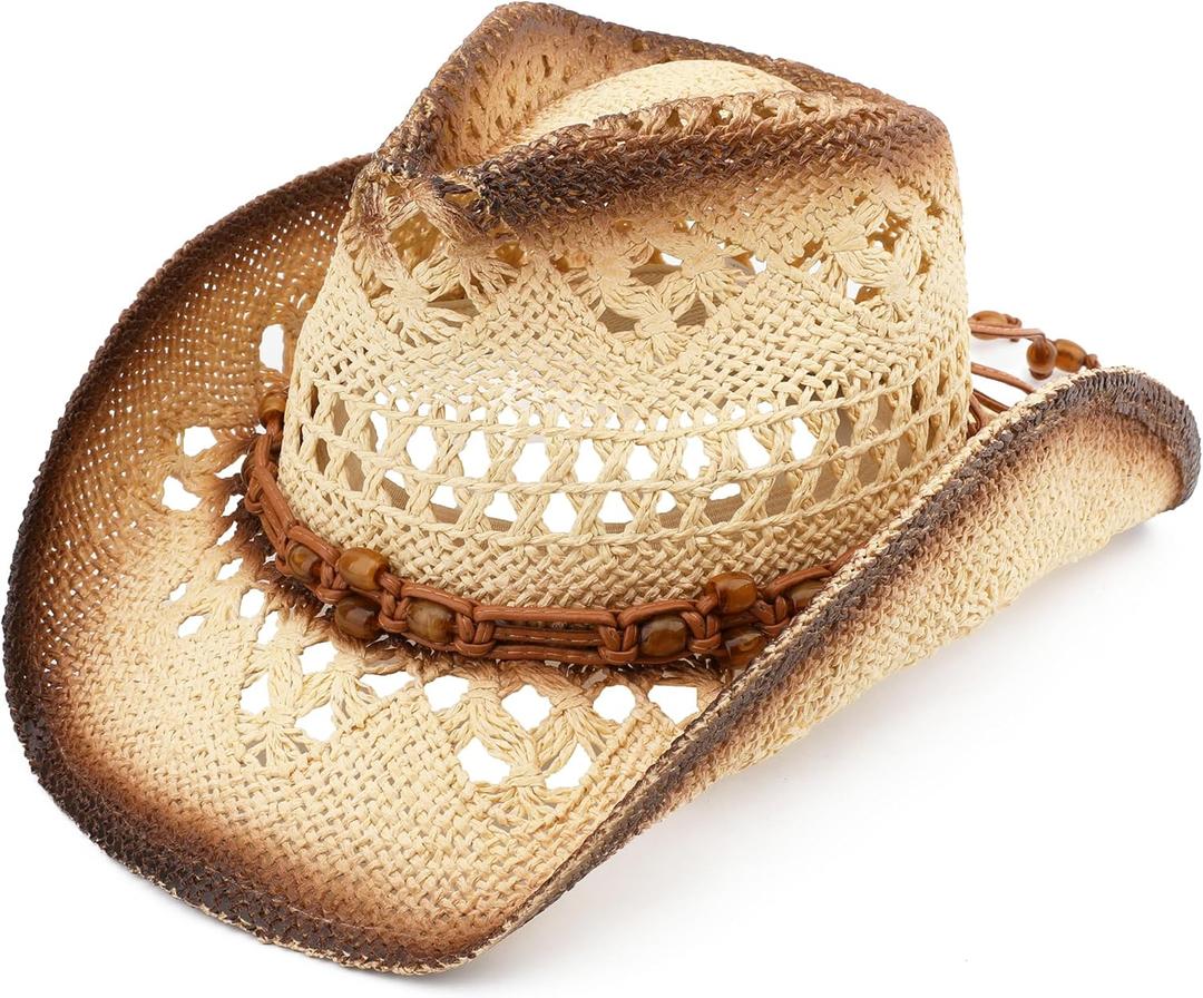 Men Women Cowgirl Straw Western Cowboy Hat (One Size, Brown Bead-beige)
