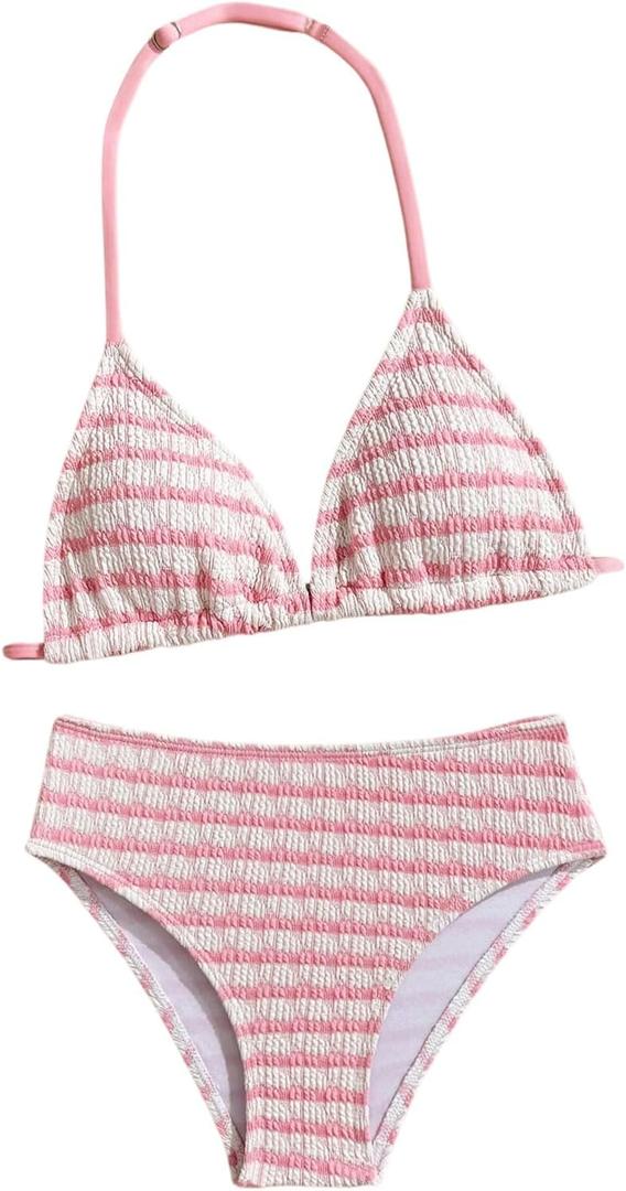 RoseSeek Girl's Tie Dye Smocked 2 Piece Swimwear Sets Backless Halter Bikini Cute Brief Bathing Suit, 11Y