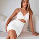 OWIN Women Cut Out Twist Front Bodycon Sleeveless Spaghetti Strap Club Party Mini Dresses (White, M)