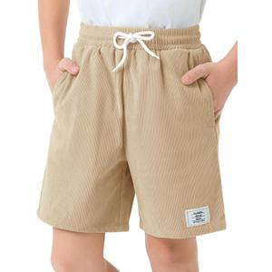 Haloumoning Boys Corduroy Shorts Kids Casual Elastic Waist Drawstring Summer Shorts with Pockets 5-14 Years (9-10 Years, Khaki)