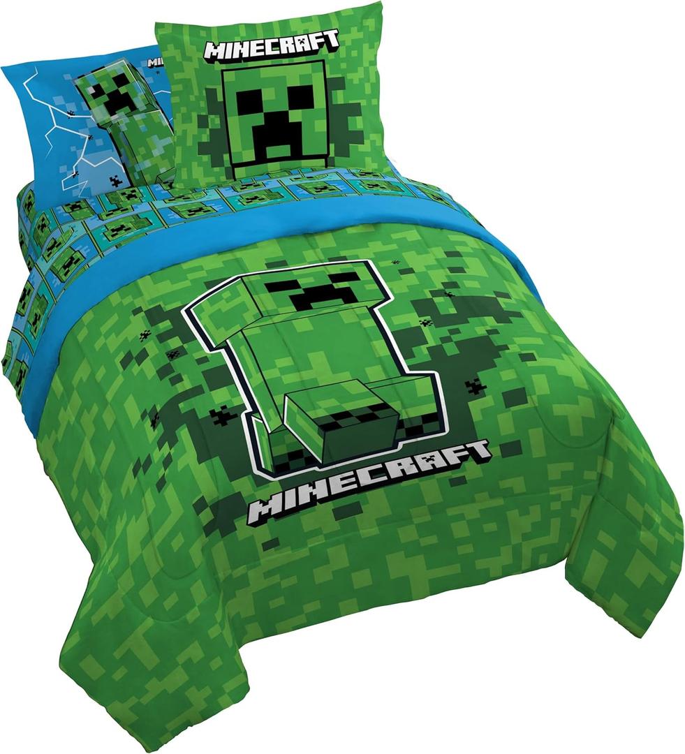 Jay Franco Kids Comforter Set Includes Sheets and Pillow Covers - Soft and Cozy Bed Set for Stylish Room Decor, Green - Minecraft Creeper, 7 Piece Queen Size Bedding