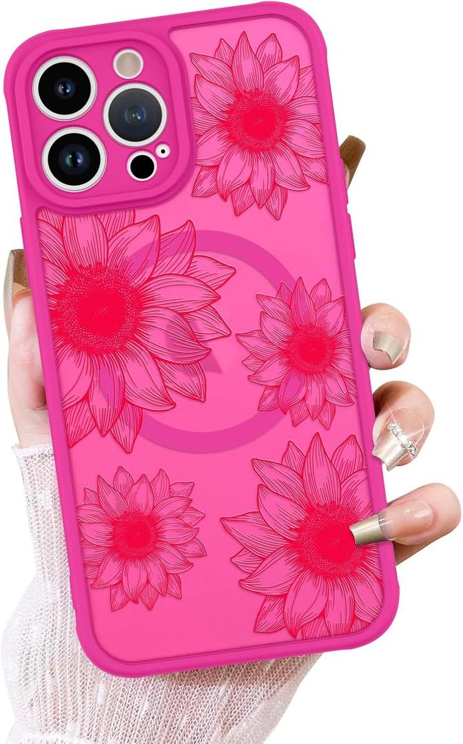 OOK Phone Case Design for iPhone 12 Pro Max Case [Compatible with MagSafe], Cute Sunflower Floral Blooms Design Frosted Shockproof for Women Girls Magnetic Phone Cover - Hot Pink Flower