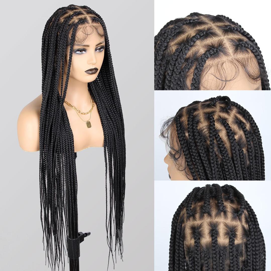 36 Inch Full Lace Braided Wigs for Black Women, 360 HD Single-layer Square Knotless Box Braid Wig with Baby Hair Handmade Synthetic Hair Blended Lace Front Wig Natural Black
