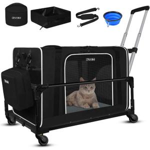 Petskd Extra Large Cat Carrier with Wheels and Litter Box 24"x17"x17" for Large Cat or 2 Small Cats, Soft-Sided Cat Carrier with Lockable Safety Zippers(Black)