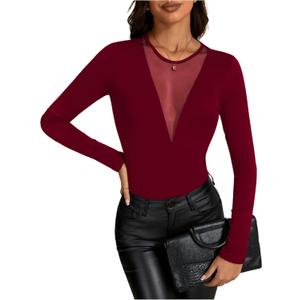 OYOANGLE Women's Slim Fit See Through Contrast Mesh Long Sleeve Tee Tops (Medium, Burgundy)