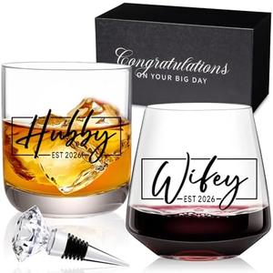 comfit Wedding Gifts for Couples 2026,Bridal Shower Gifts, His and Hers Gift,Whiskey Wine Glasses with Diamond Wine Stopper Set，Anniversary Christmas Gift for Couples，Hubby and Wifey